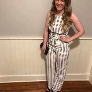 White & Black Pinstripe Jumpsuit, size medium.